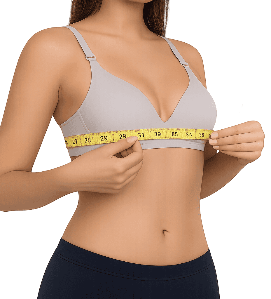 Band measurement demonstration with measuring tape under the bust