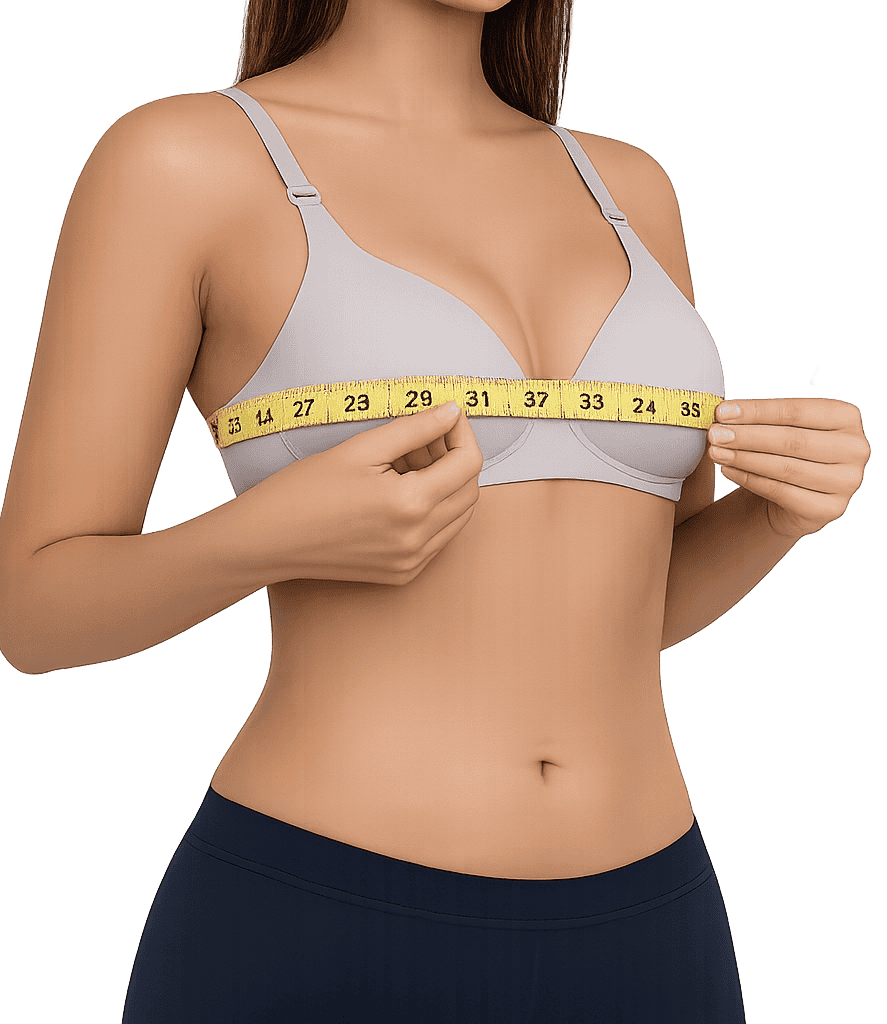 Bust measurement demonstration with measuring tape around the fullest part of the bust