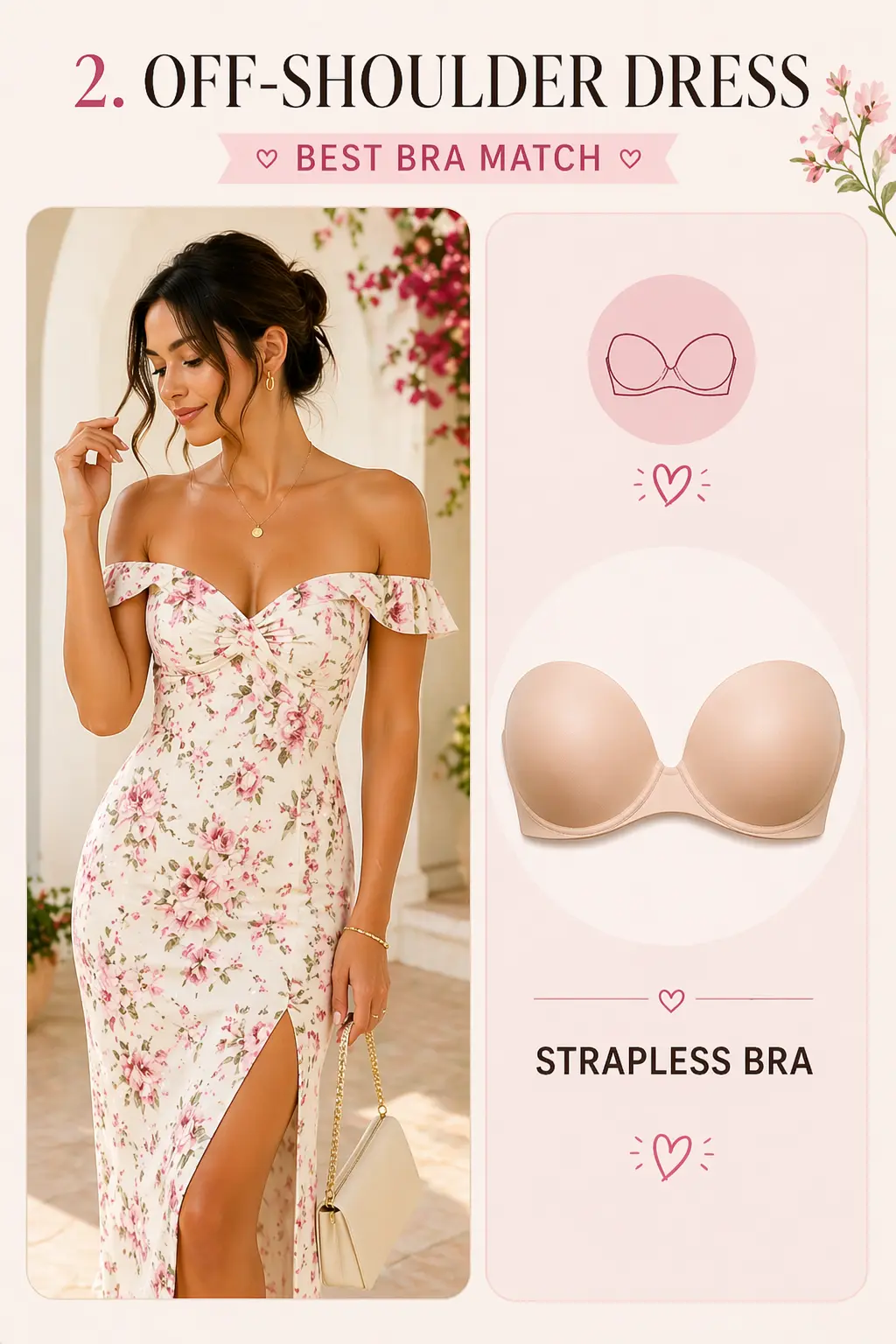 An off-shoulder dress with exposed shoulders and neckline.