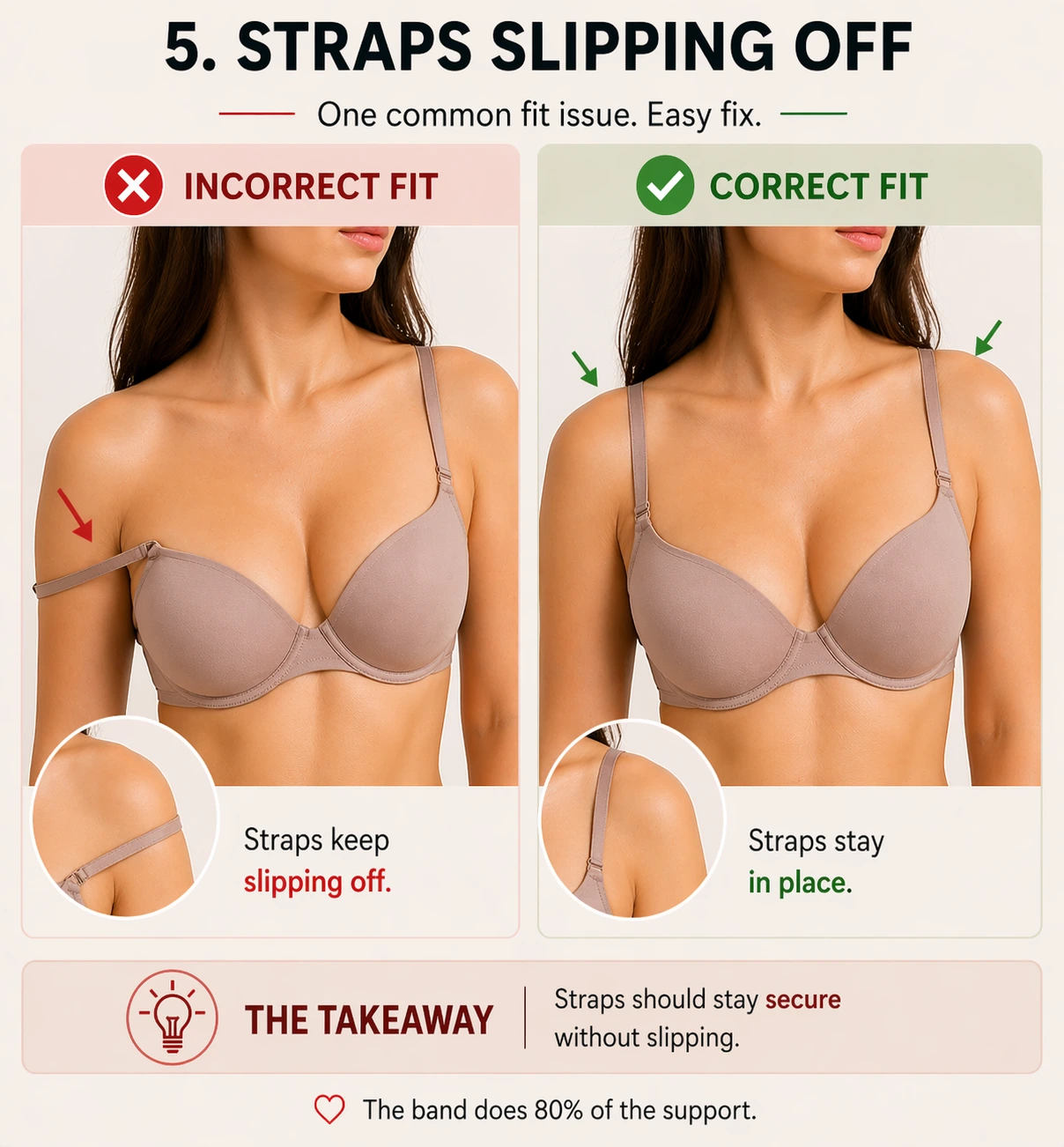 Bra straps slipping outward and falling off the shoulders.