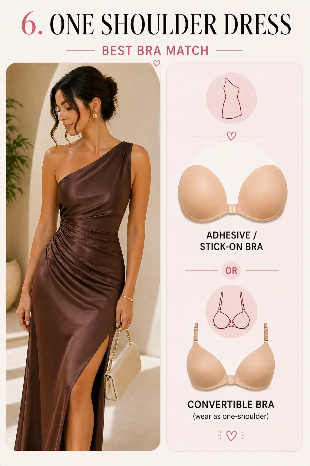 A one-shoulder outfit with one exposed shoulder.