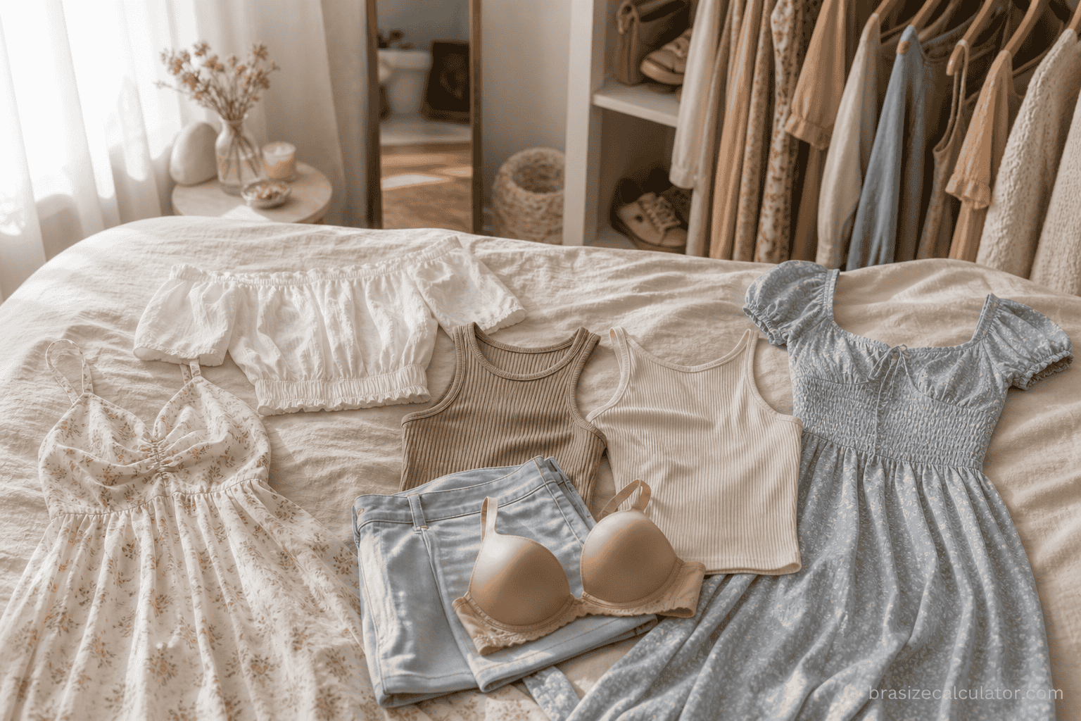 Bra and outfit flatlay for choosing what bra to wear with different tops and dresses