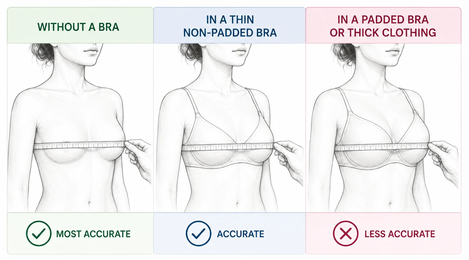 Comparison of measuring bra size without a bra versus padded bra and clothing