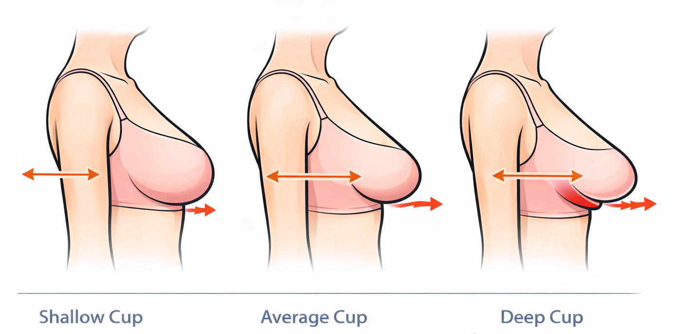 Breast projection types and corresponding cup depth compatibility.